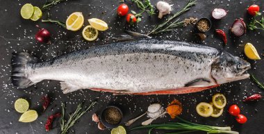 Baharat, limon, biberiye, biberiye o ile taze çiğ somon kırmızı balık