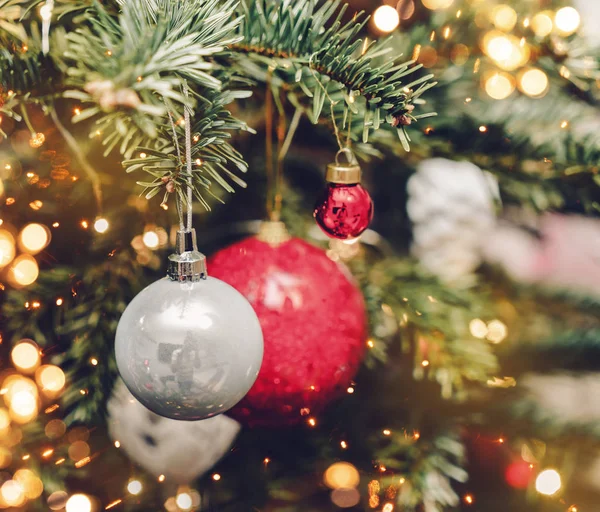 Fundo Árvore Natal Decorações Natal Com Bokeh Borrado Faísca Brilhante — Fotografia de Stock