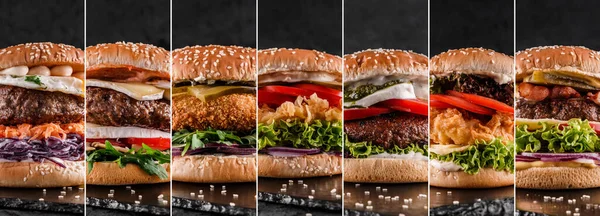 Food collage of various burgers, vegan burger, hamburger, cheeseburger on dark stone background. Creative layout made, close up