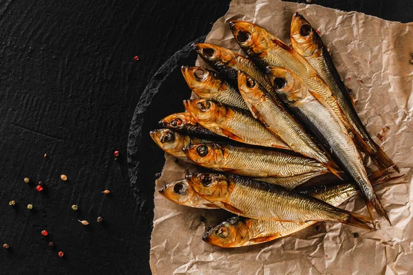 Smoked Fishes Sprat Marinated Spices Salt Greens Slice Bread Plate — Stock Photo, Image