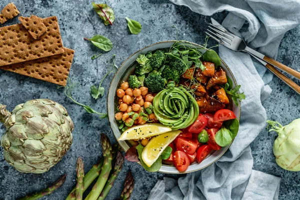 Salada Tigela Buda Com Batatas Doces Assadas Grão Bico Brócolis — Fotografia de Stock