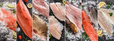 Çeşitli taze fileto balıklarından kolaj, beyaz balık pangasius, somon kırmızı balığı, buzlu ve baharatlı alabalık bifteği. Deniz ürünleri, üst manzara.