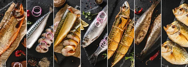 Food Collage Various Smoked Fishes Vomer Fish Mackerel Herring Trout — Stock Photo, Image