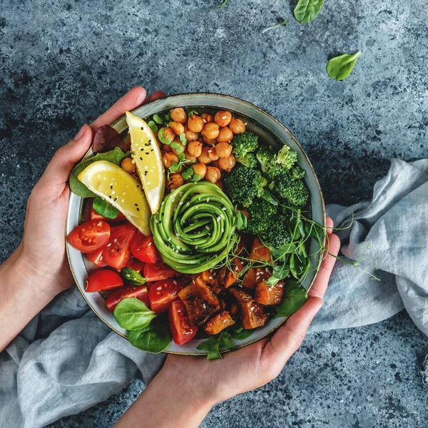 Mani Possesso Sano Superbowl Ciotola Buddha Con Insalata Patate Dolci — Foto Stock