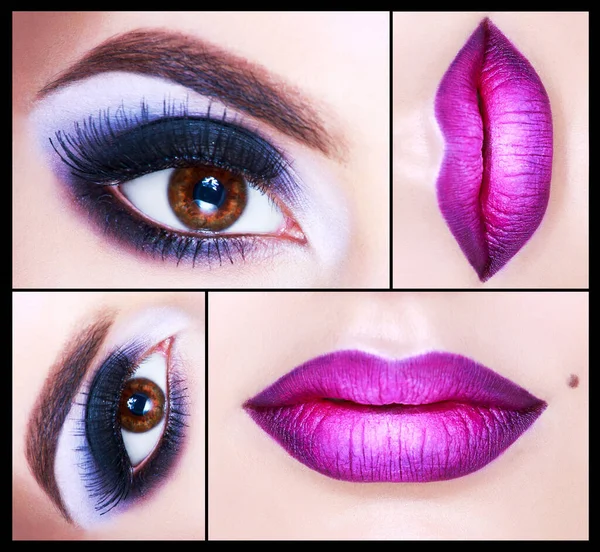 Make Collage Schöne Rauchige Augen Violette Lippen Mode Look Urlaub — Stockfoto