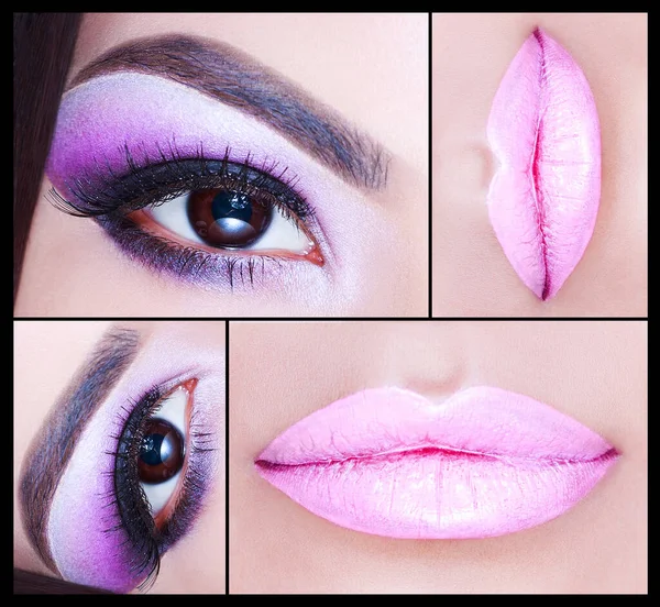Maquillaje Collage Ojos Hermosos Labios Rosados Mirada Moda Brillante Detalle — Foto de Stock