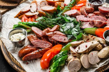 Tabaklarda bira için çeşitli atıştırmalıklar, lezzetli ızgara et, sebze, tütsülenmiş sosis, siyah arka planda bbq sosu ve bira, kapat.