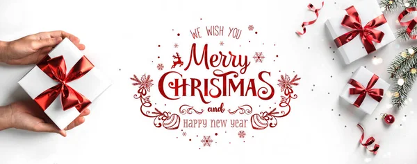 Merry Christmas New Year Text White Background Gift Boxes Red — Stock Photo, Image