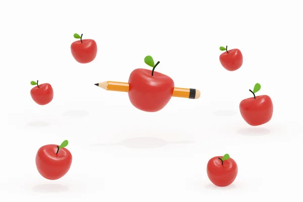 A pencil shoot to a group of apple on white background, 3d illustration education concept.