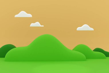 Dağlar ve bulutlarla sabah manzarası, 3 boyutlu illüstrasyon doğa manzarası.