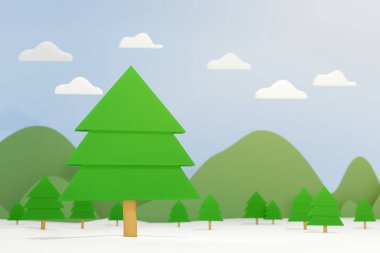 Pine tree on winter season landscape,3d illustration natural scene. clipart