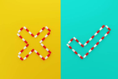  Yeşil ve sarı arka planda kırmızı kapsüller. Tıbbi sağlıklı bilgi kavramı için ilaçlar. 3d illüstrasyon.