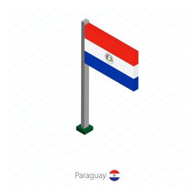 Paraguay bayrağı bayrak direğine izometrik boyut üzerinde. İzometrik mavi arka plan. Vektör çizim.