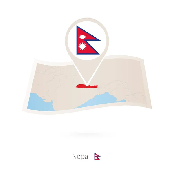 Hajtogatott Papír Térképet Nepáli Flag Pin Nepál Vektoros Illusztráció — Stock Vector