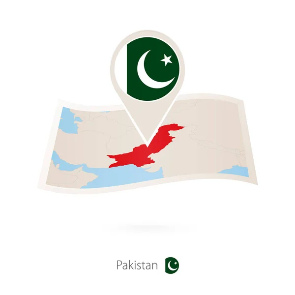 Hajtogatott Papír Térképet Pakisztán Pakisztán Flag Pin Kóddal Vektoros Illusztráció — Stock Vector
