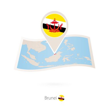 Bruney Haritası kağıt Brunei bayrağı iğne ile katlanmış. Vektör çizim