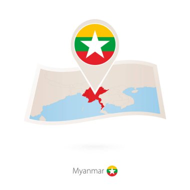 Myanmar kağıt harita Myanmar bayrağı iğne ile katlanmış. Vektör çizim