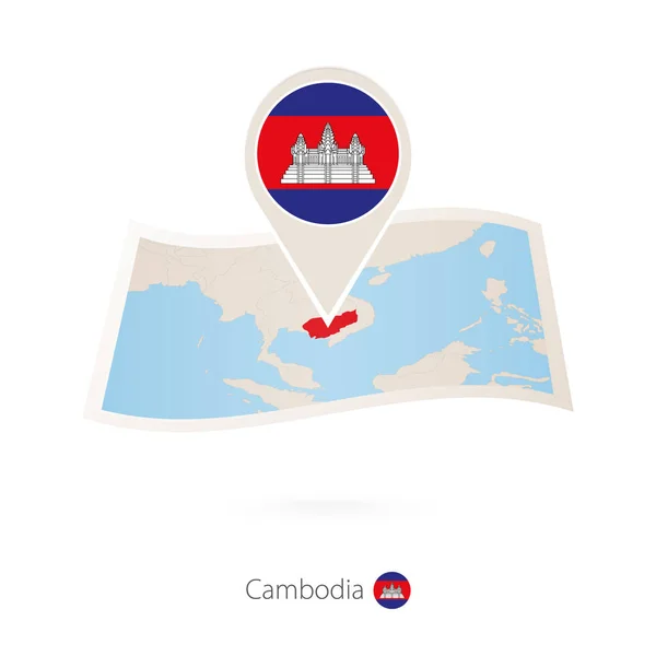 Mapa Papel Dobrado Camboja Com Pino Bandeira Camboja Ilustração Vetorial — Vetor de Stock