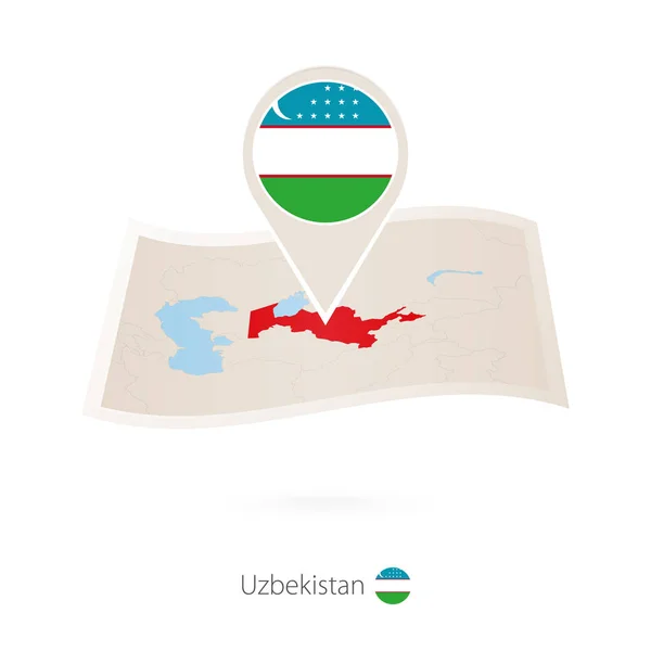 Skládané Papírové Mapy Uzbekistán Vlajkou Pin Uzbekistánu Vektorové Ilustrace — Stockový vektor
