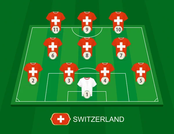 Campo Calcio Con Giocatori Della Nazionale Svizzera Formazione Schieramenti Mezzo — Vettoriale Stock