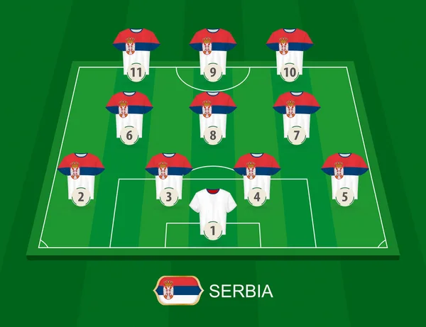 Boisko Piłki Nożnej Serbii Piłce Graczy Składy Formacji Boisku Piłkarskim — Wektor stockowy