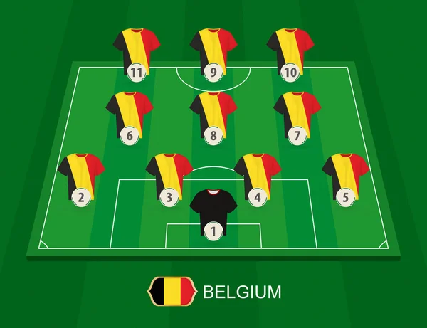 Fußballplatz Mit Den Spielern Der Belgischen Nationalmannschaft Aufstellung Auf Halbem — Stockvektor
