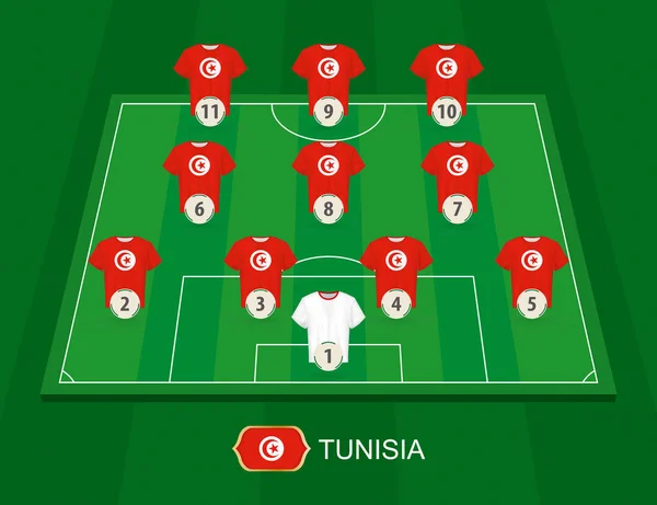 Γήπεδο Ποδοσφαίρου Την Τυνησία Εθνικά Παίκτες Της Ομάδας Ενδεκάδες Σχηματισμό — Διανυσματικό Αρχείο