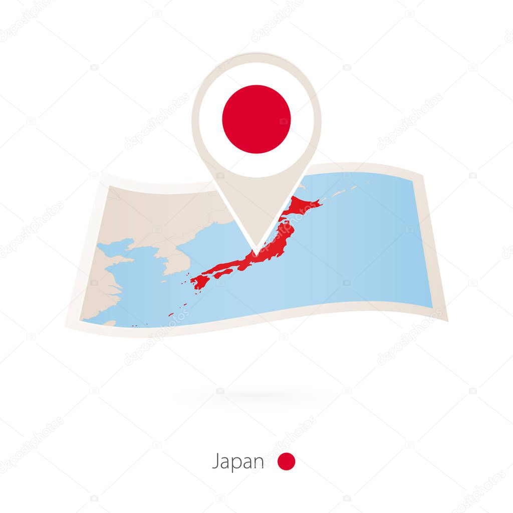 Folded paper map of Japan with flag pin of Japan. Vector Illustration