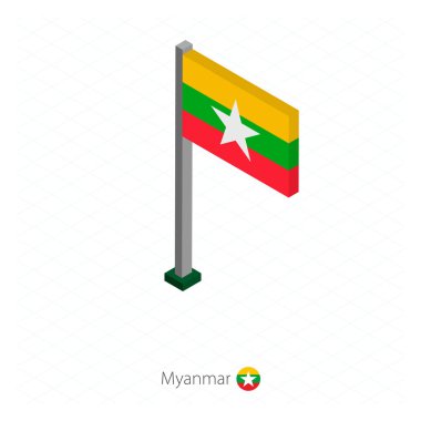 Myanmar bayrağı bayrak direğine izometrik boyut üzerinde. İzometrik mavi arka plan. Vektör çizim.