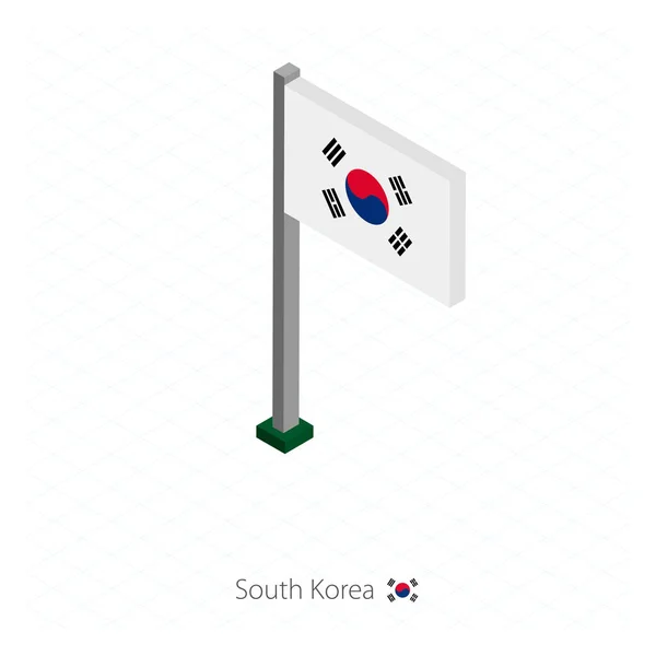 韩国国旗上的旗杆在等距尺寸 等距蓝色背景 矢量插图 — 图库矢量图片