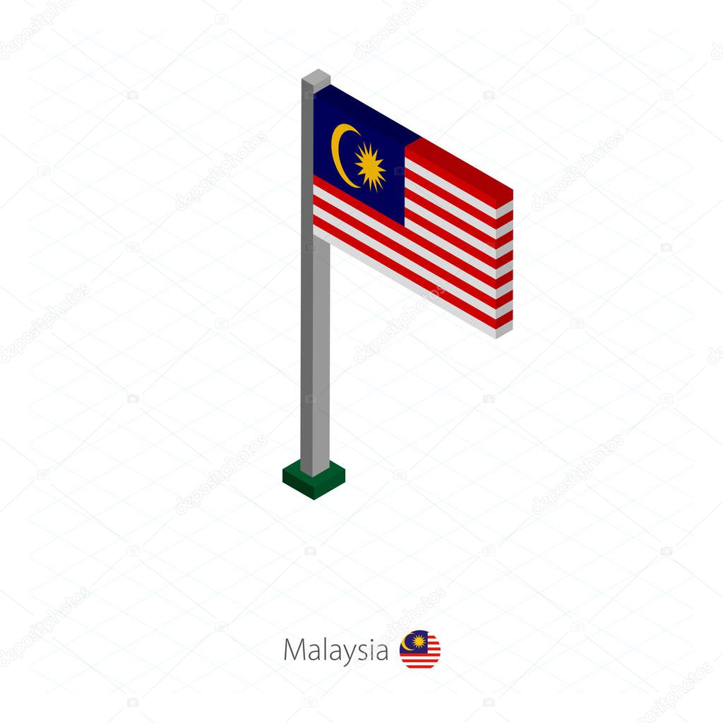 Malaysia Flag on Flagpole in Isometric dimension. Isometric blue background. Vector illustration.