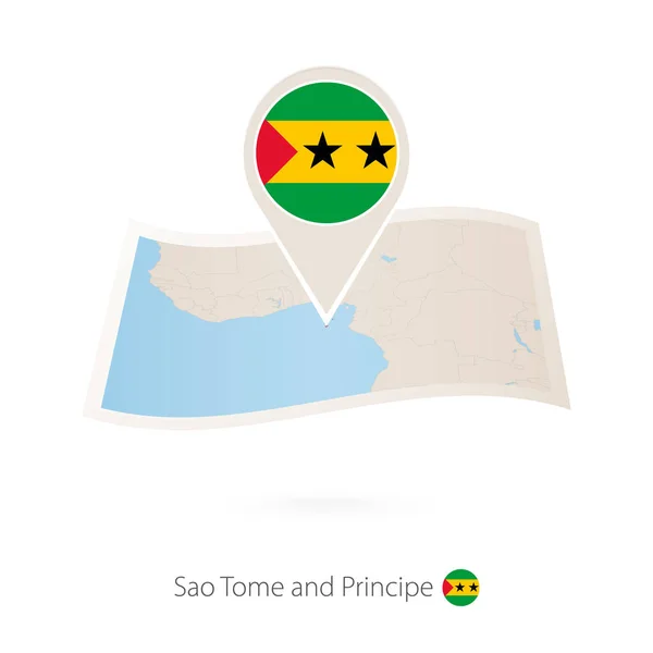 Vikta Papperskarta Över Sao Tome Och Principe Med Flagga Pin — Stock vektor