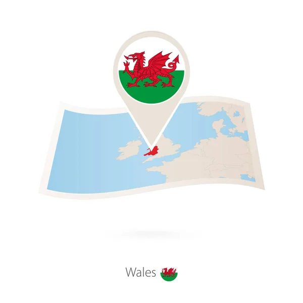 Carte Papier Pliée Pays Galles Avec Épingle Drapeau Pays Galles — Image vectorielle