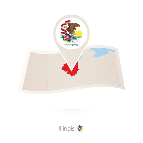Illinois Eyalet Abd Kağıt Harita Illinois Bayrak Iğne Ile Katlanmış — Stok Vektör