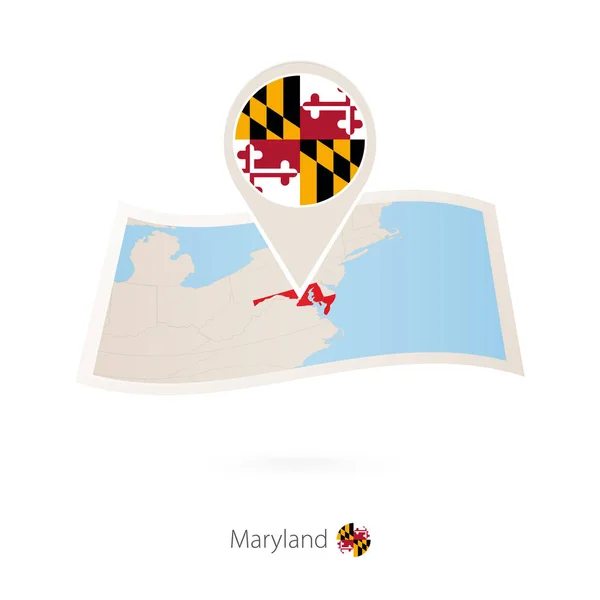 Vikta Papperskarta Över Maryland Usa State Med Flagga Pin Maryland — Stock vektor