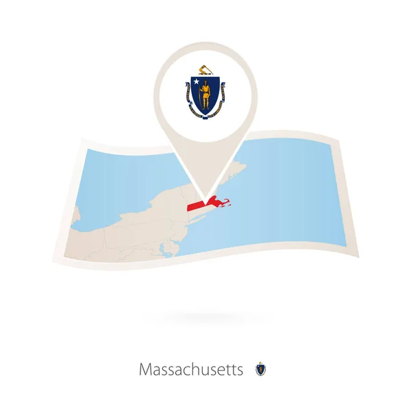 Składany Papier Mapa Stanu Massachusetts Usa Pin Flaga Massachusetts Ilustracja — Wektor stockowy