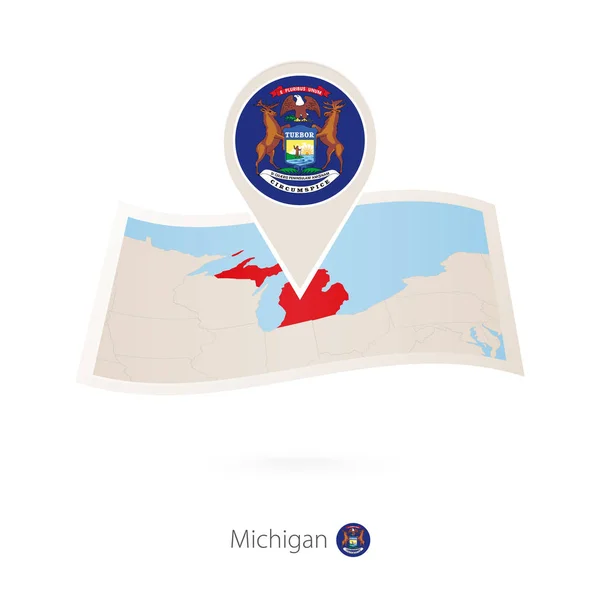 Michigan Eyalet Abd Kağıt Harita Michigan Bayrak Iğne Ile Katlanmış — Stok Vektör