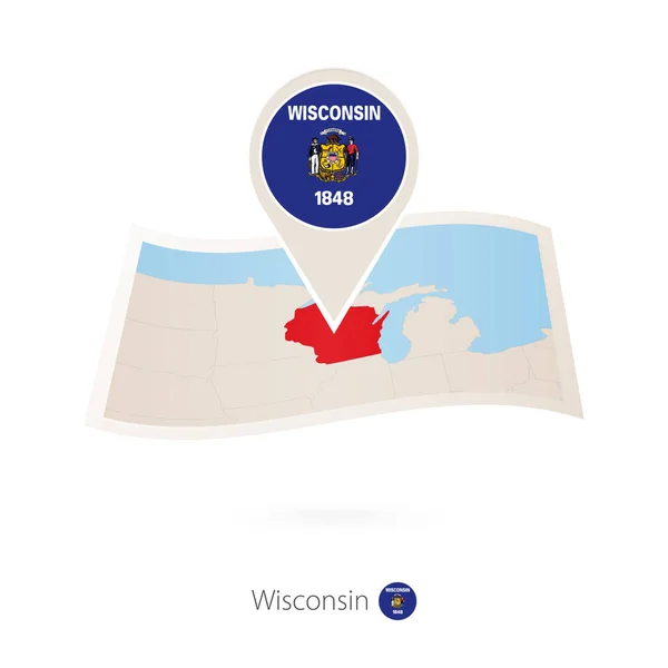 Gefaltete Papierkarte Von Wisconsin Bundesstaat Mit Fahnennadel Von Wisconsin Vektorillustration — Stockvektor