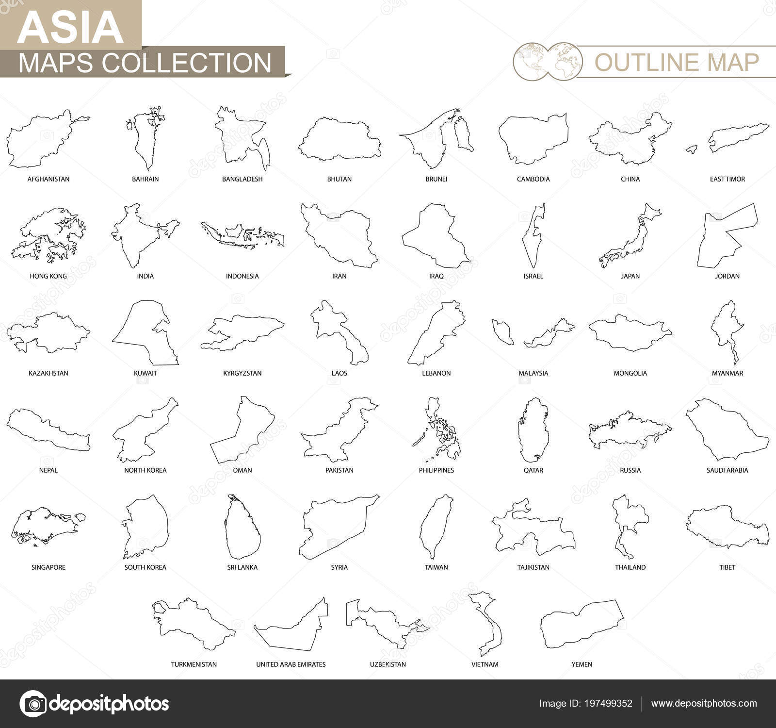 Outline Maps Asian Countries Collection Black Lined Vector Map Stock Vector by ©boldg 197499352