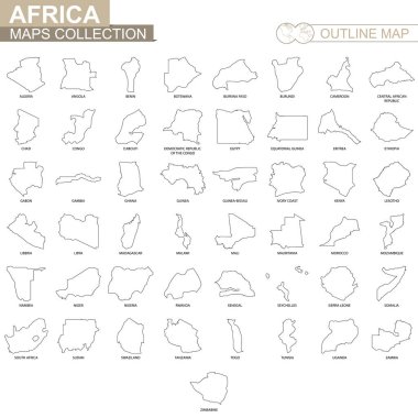 Outline maps of African countries collection, black lined vector map. clipart