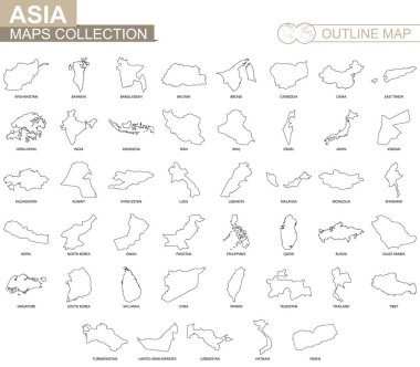 Outline maps of Asian countries collection, black lined vector map. clipart
