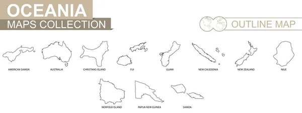 大洋洲国家地图集 黑色内衬矢量图 — 图库矢量图片