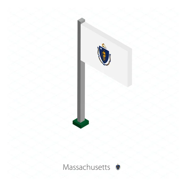 Bandera Del Estado Massachusetts Asta Bandera Dimensión Isométrica Fondo Azul — Vector de stock