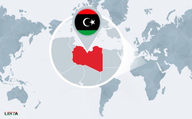 Dünya harita büyütülmüş Libya ile Amerika merkezli. Mavi bayrak ve Libya Haritası. Soyut vektör çizim.