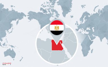 Amerika ile büyütülmüş Mısır merkezli dünya harita. Mavi bayrak ve Mısır haritası. Soyut vektör çizim.
