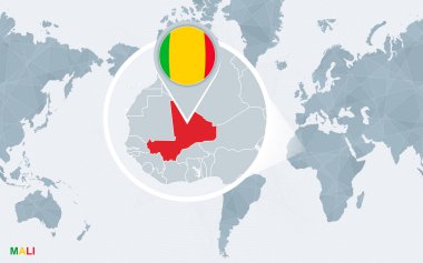 Dünya harita Amerika ile büyütülen Mali yoğunlaştı. Mavi bayrak ve Mali Haritası. Soyut vektör çizim.