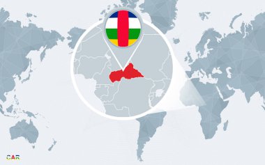 Amerika ile büyütülmüş Orta Afrika Cumhuriyeti merkezli dünya harita. Mavi bayrak ve araba haritası. Soyut vektör çizim.