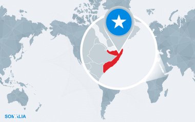 Dünya harita büyütülmüş Somali ile Amerika merkezli. Mavi bayrak ve Somali haritası. Soyut vektör çizim.
