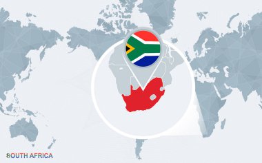 Amerika ile büyütülmüş Güney Afrika merkezli dünya harita. Mavi bayrak ve Güney Afrika Haritası. Soyut vektör çizim.