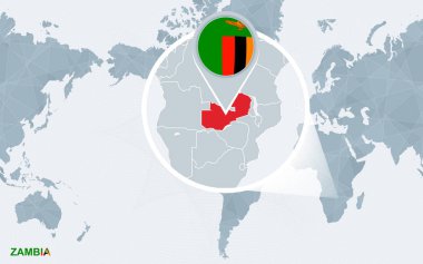 Dünya harita büyütülmüş Zambiya ile Amerika merkezli. Mavi bayrak ve Zambiya Haritası. Soyut vektör çizim.